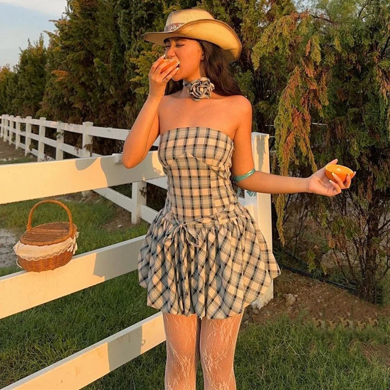 Plaid Floral Ruched Skirt Set