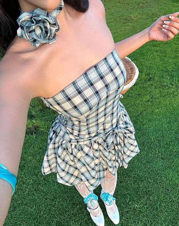 Plaid Floral Ruched Skirt Set