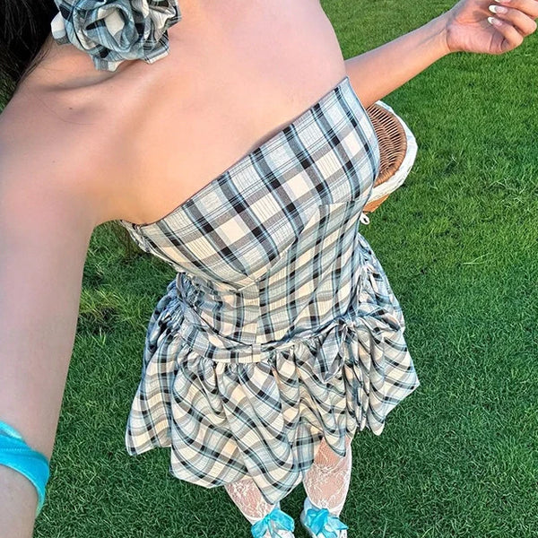 Plaid Floral Ruched Skirt Set