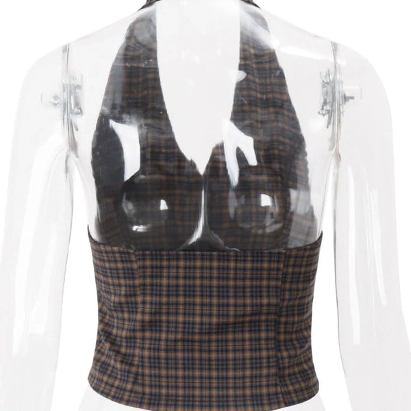 Plaid Halter Button Crop Top
