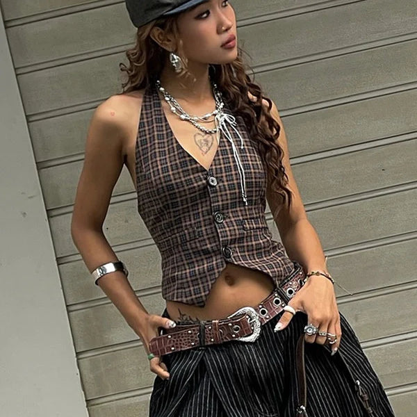 Plaid Halter Button Crop Top