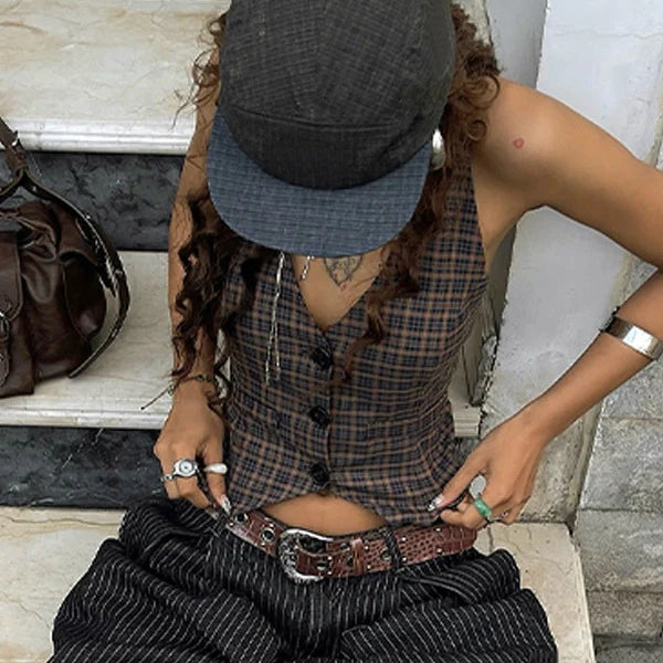 Plaid Halter Button Crop Top