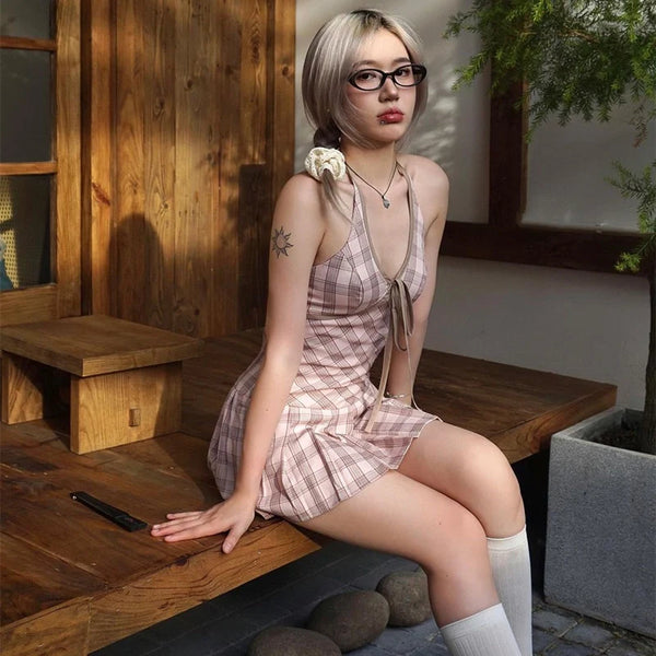 Plaid Halter Mini Dress
