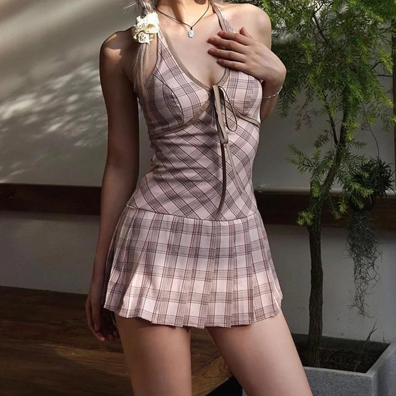 Plaid Halter Mini Dress
