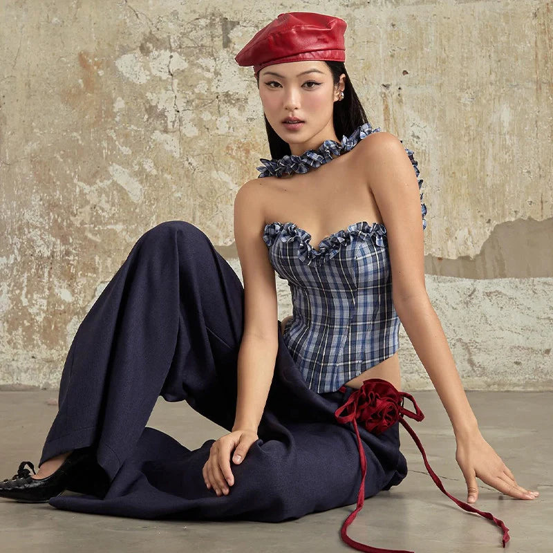 Plaid Halter Top and Pants Set