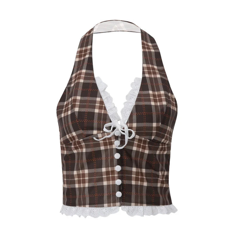 Plaid Lace Splicing Halter Top