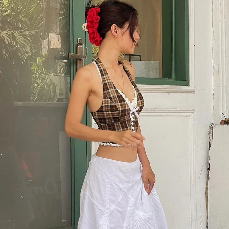 Plaid Lace Splicing Halter Top