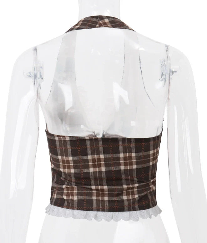 Plaid Lace Splicing Halter Top
