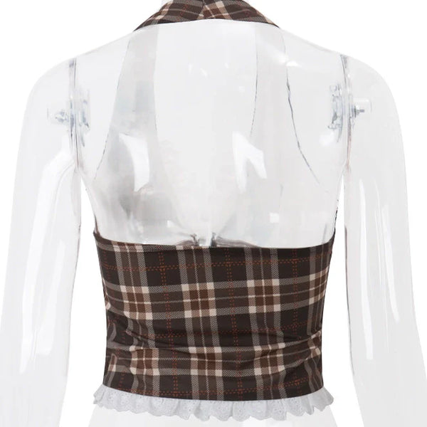 Plaid Lace Splicing Halter Top