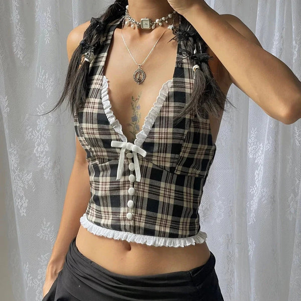 Plaid Lace Splicing Halter Top