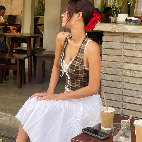 Plaid Lace Splicing Halter Top