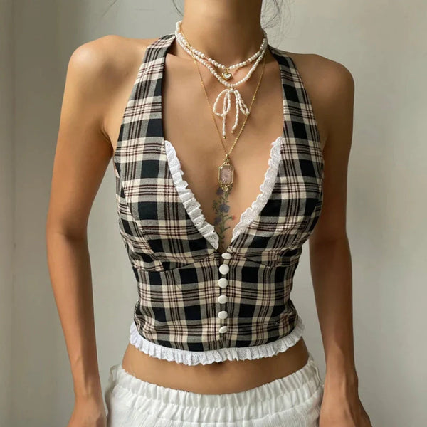 Plaid Lace Splicing Halter Top