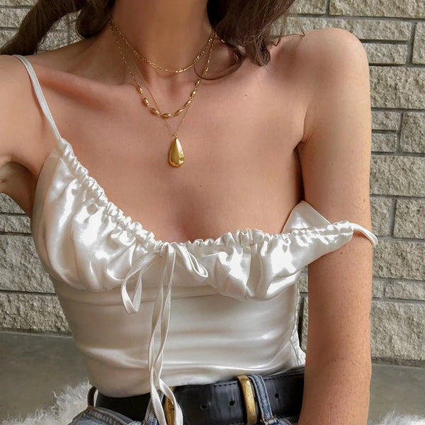 Pleated Lace-Up Satin Cami [PHXBQT9K]