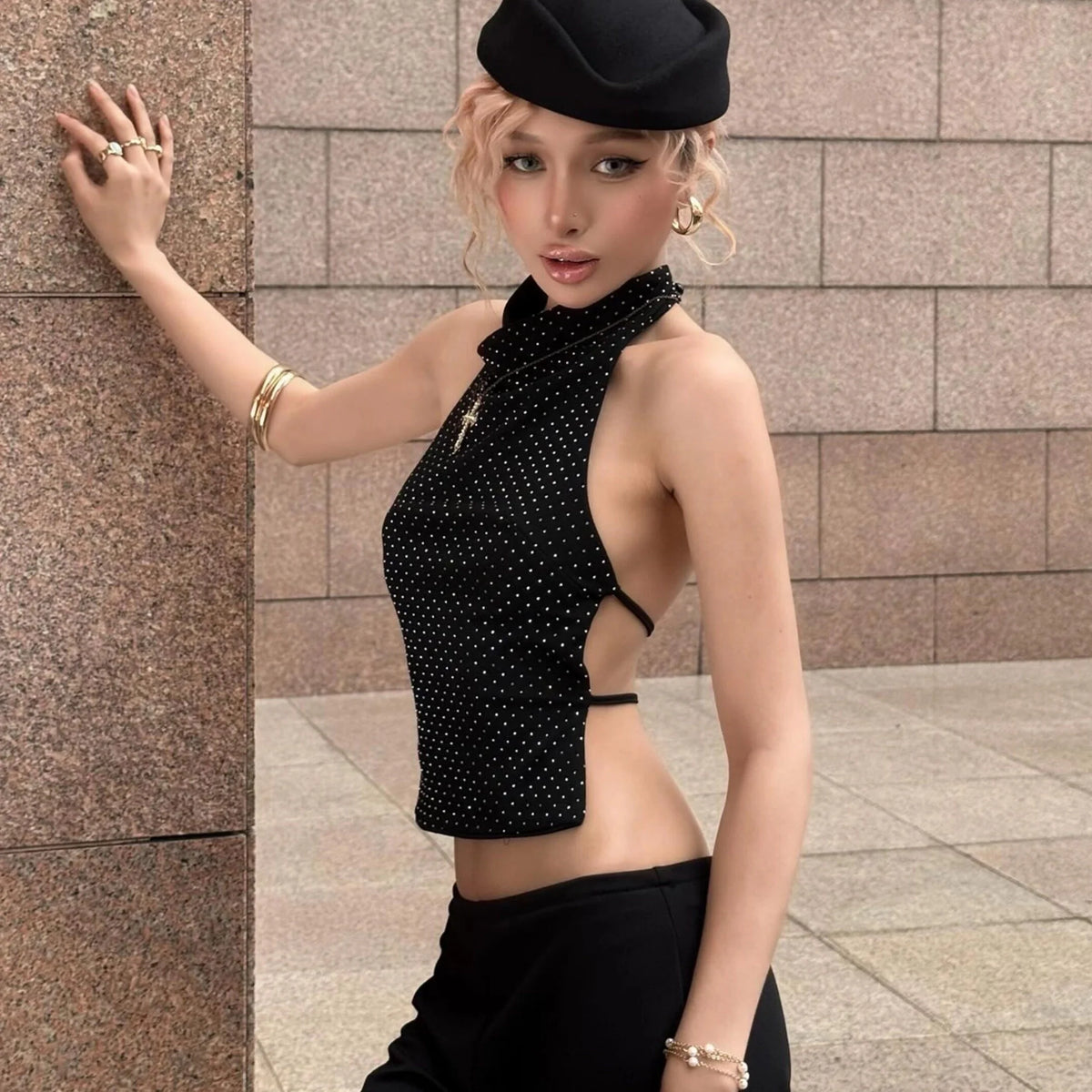 Polka Dot Backless Halter Top