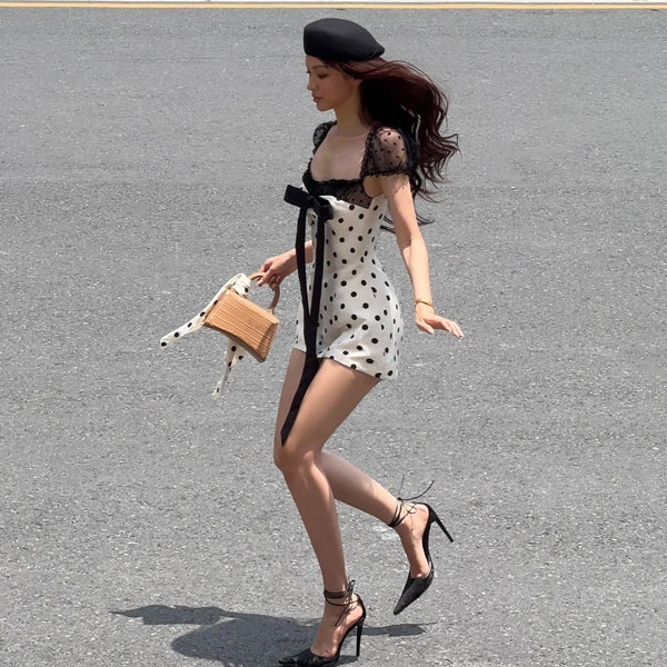 Polka Dot Bow Mini Dress [EINDIUH3]
