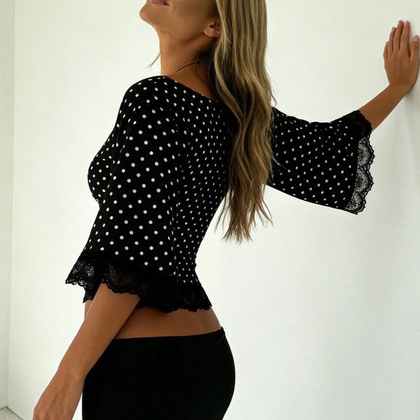 Polka Dot Lace V-Neck Top
