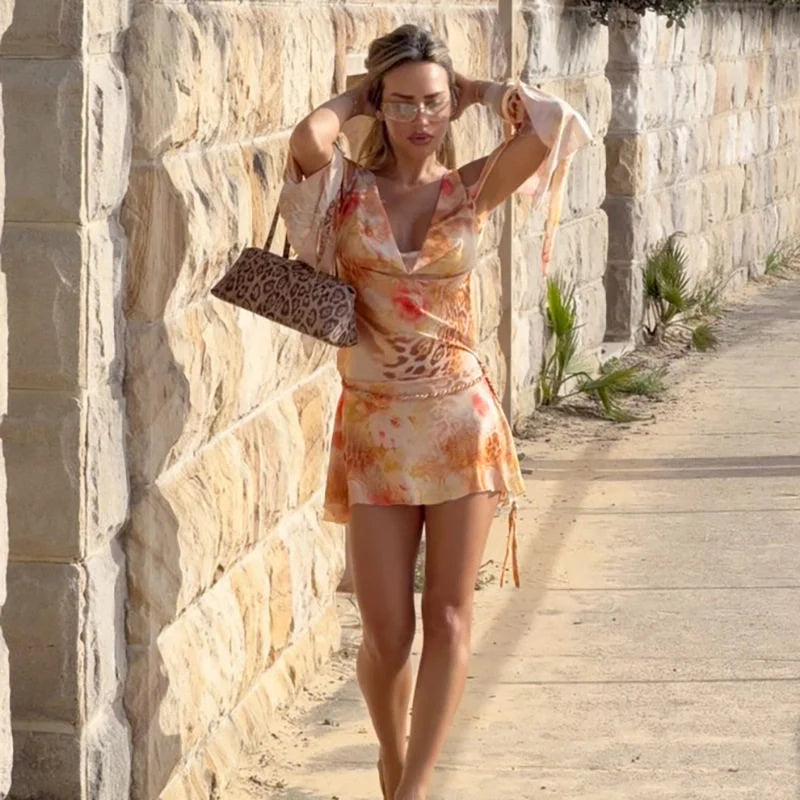 Printed Cowl Neck Mini Dress