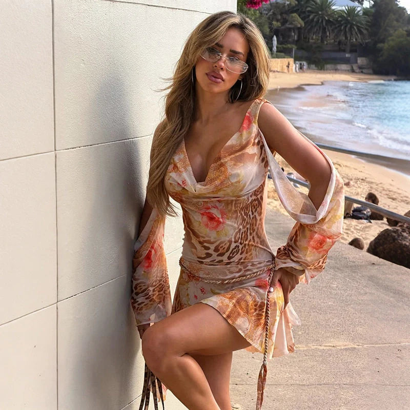 Printed Cowl Neck Mini Dress
