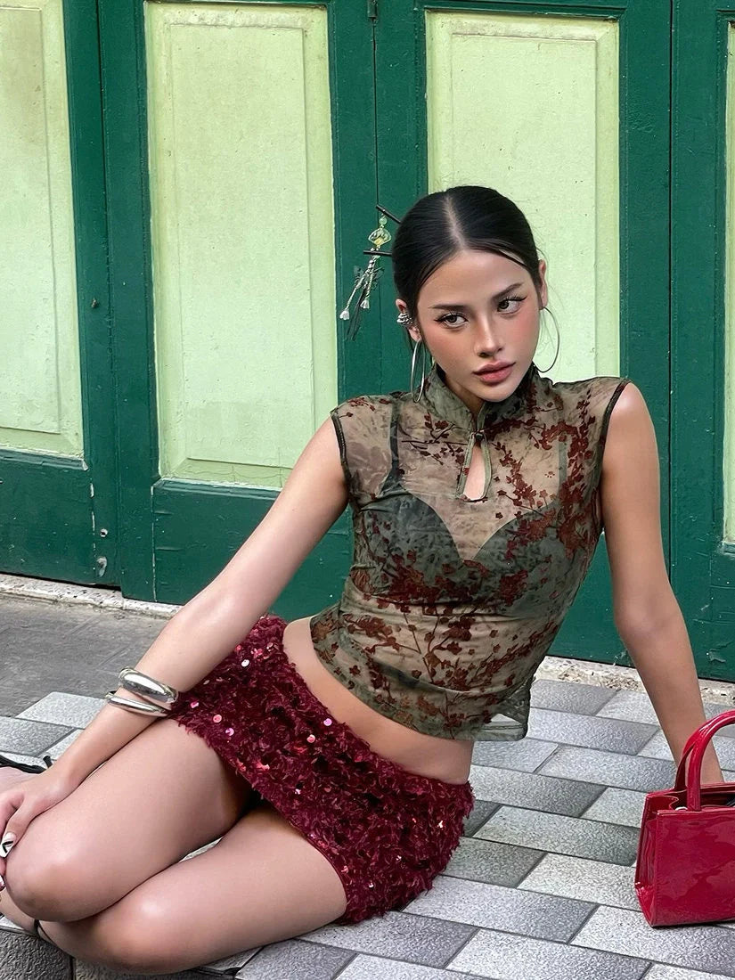 Printed Mesh Mock Neck Top