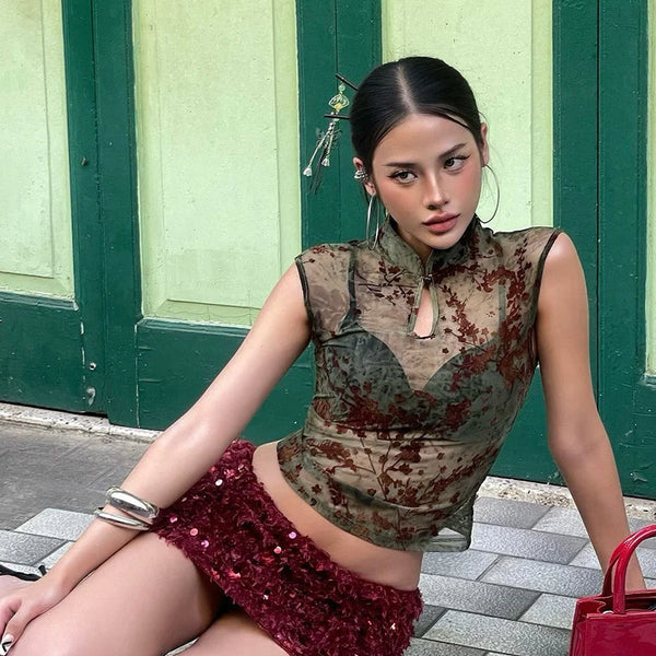 Printed Mesh Mock Neck Top