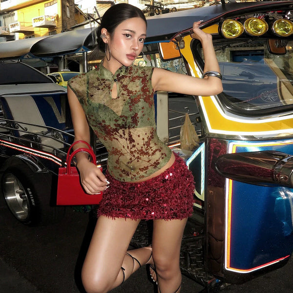 Printed Mesh Mock Neck Top