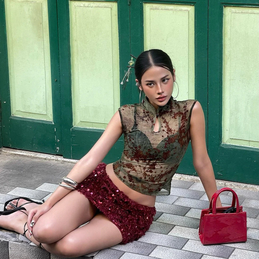 Printed Mesh Mock Neck Top
