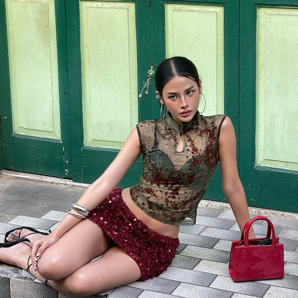 Printed Mesh Mock Neck Top