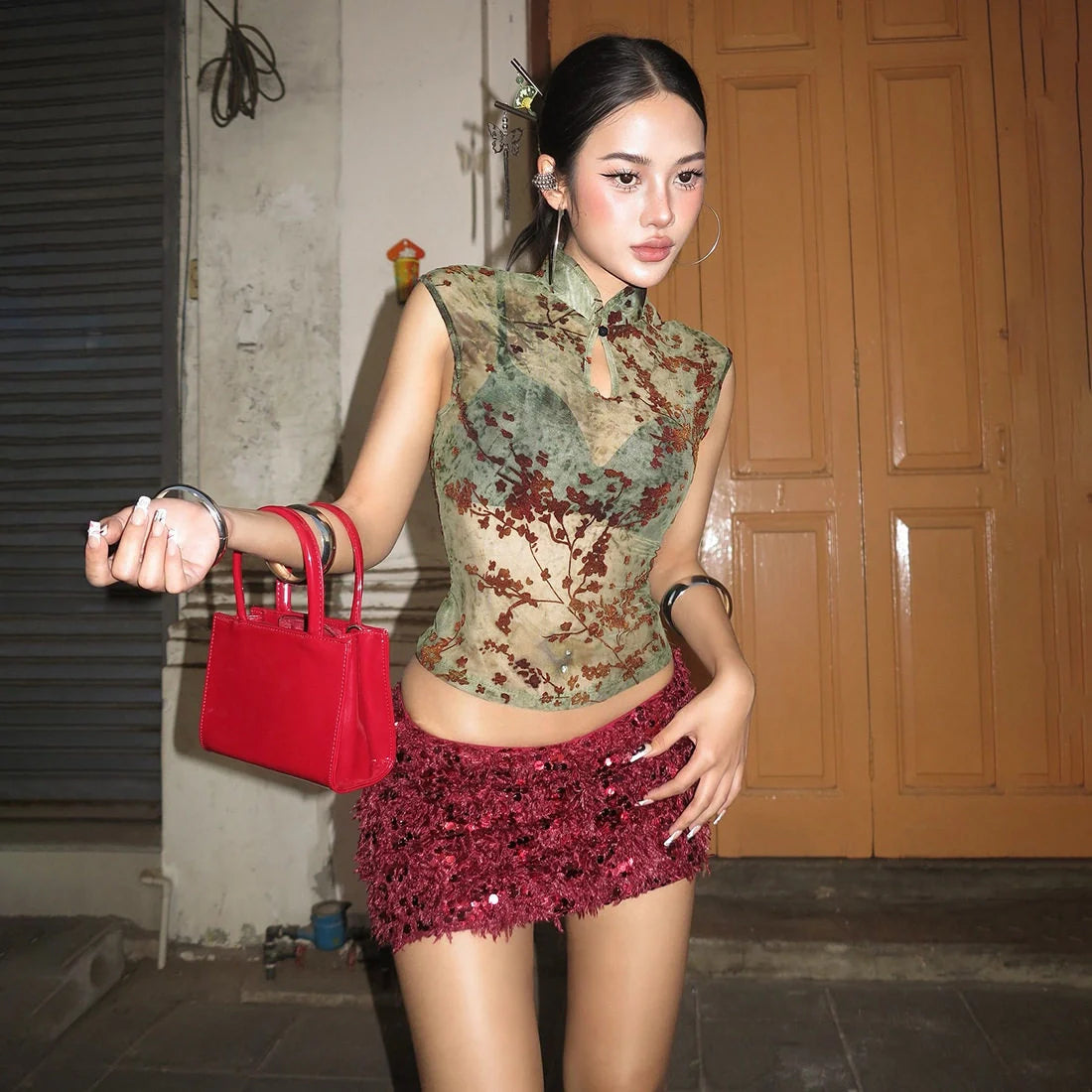 Printed Mesh Mock Neck Top