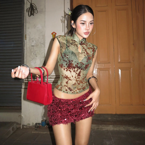 Printed Mesh Mock Neck Top