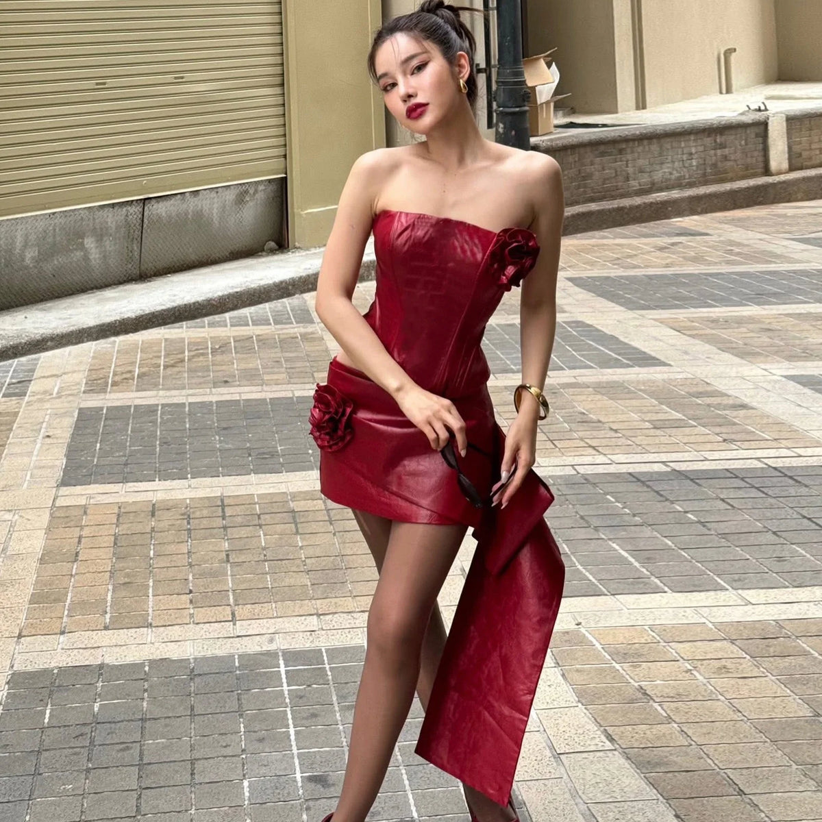 PU Leather Floral Skirt Set