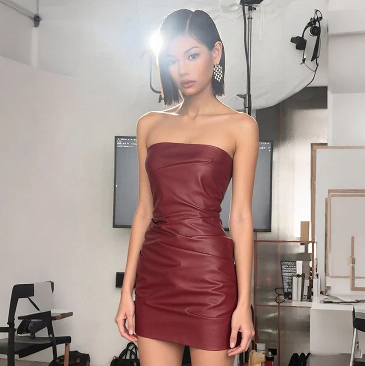 Valeria Red PU Leather Tube Dress
