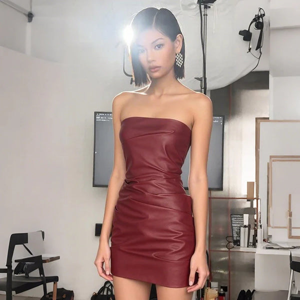 Valeria Red PU Leather Tube Dress