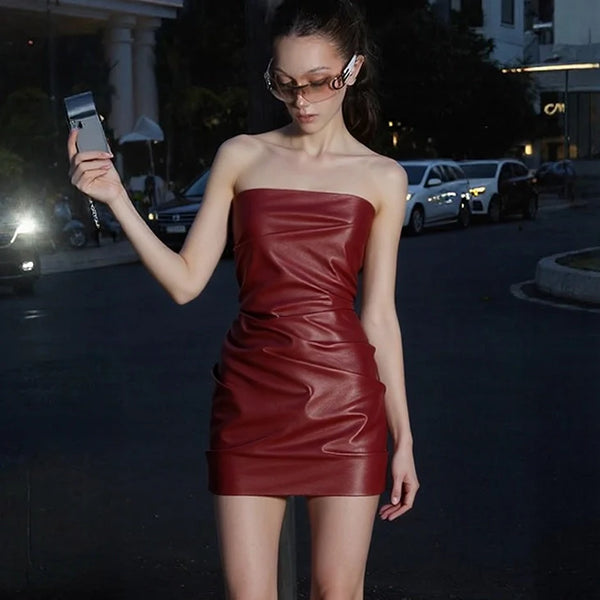 Valeria Red PU Leather Tube Dress