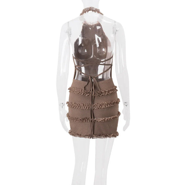 Rhinestone Backless Halter Mini Dress