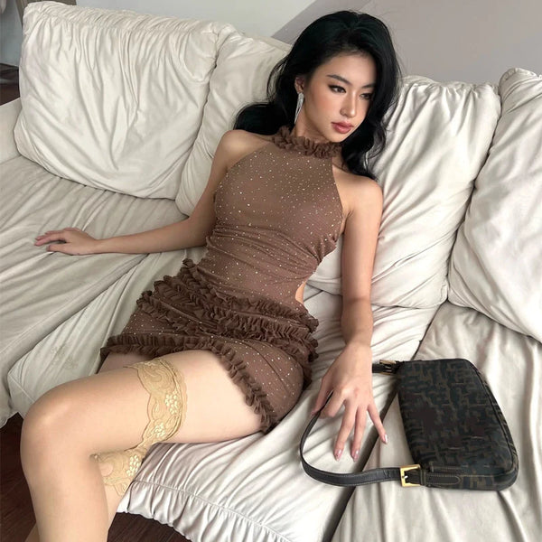 Rhinestone Backless Halter Mini Dress