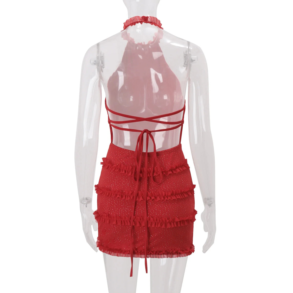 Rhinestone Backless Halter Mini Dress