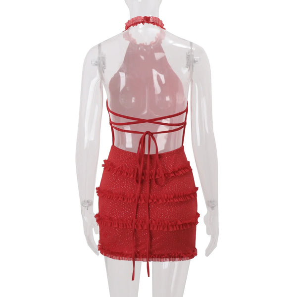 Rhinestone Backless Halter Mini Dress