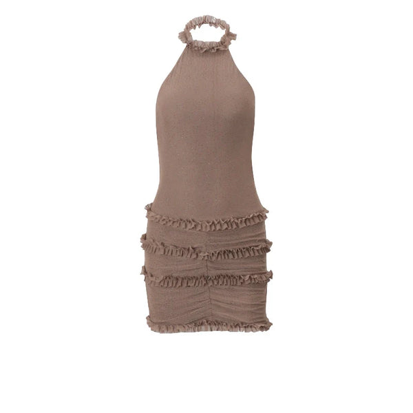 Rhinestone Backless Halter Mini Dress