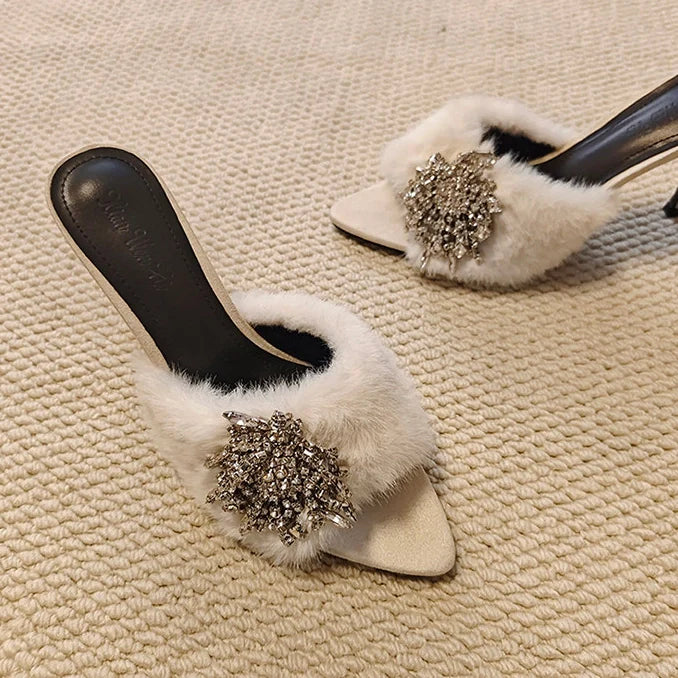 Rhinestone Buckle Furry Stiletto Mules