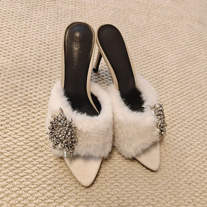 Rhinestone Buckle Furry Stiletto Mules