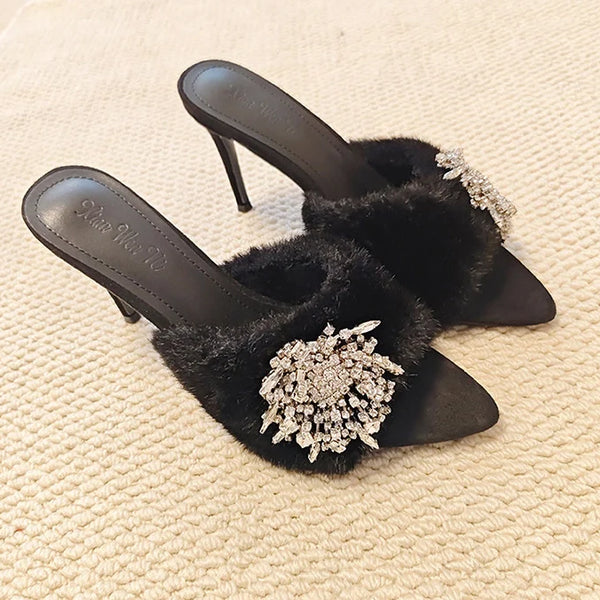 Rhinestone Buckle Furry Stiletto Mules