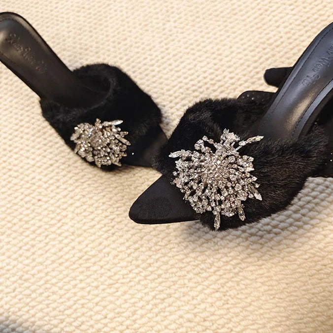 Rhinestone Buckle Furry Stiletto Mules