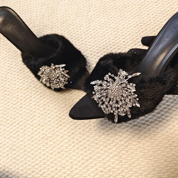Rhinestone Buckle Furry Stiletto Mules