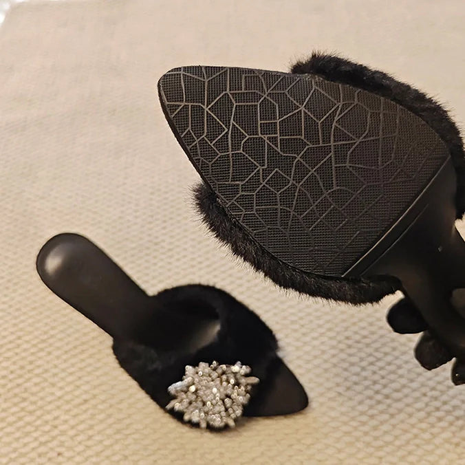 Rhinestone Buckle Furry Stiletto Mules