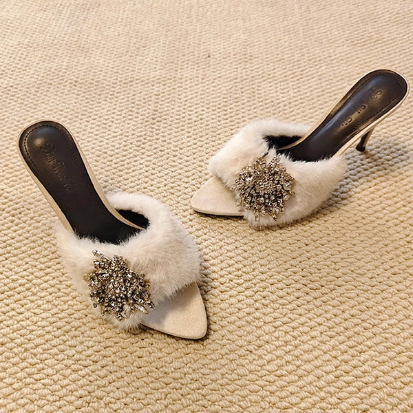Rhinestone Buckle Furry Stiletto Mules