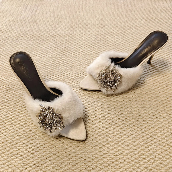 Rhinestone Buckle Furry Stiletto Mules
