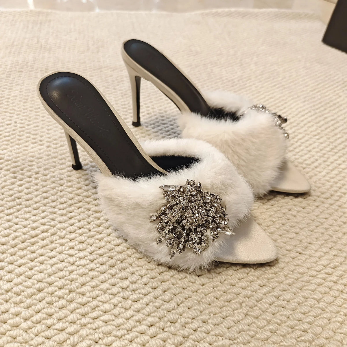 Rhinestone Buckle Furry Stiletto Mules