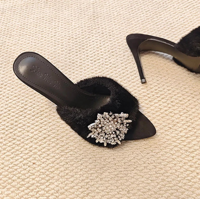 Rhinestone Buckle Furry Stiletto Mules