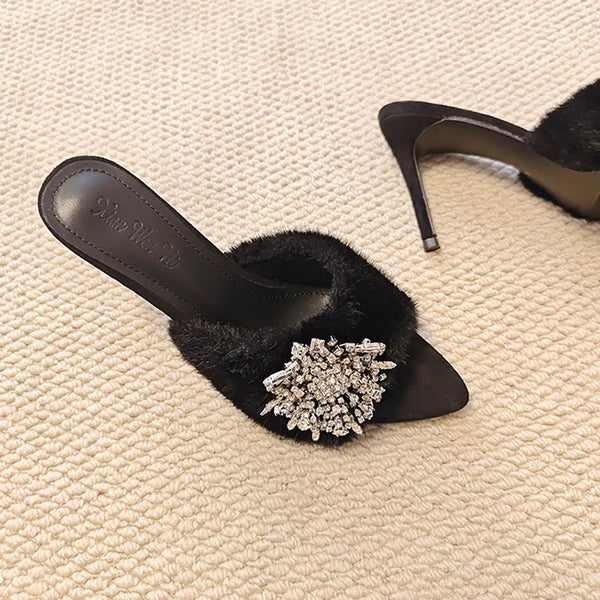 Rhinestone Buckle Furry Stiletto Mules