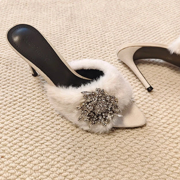 Rhinestone Buckle Furry Stiletto Mules